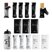 Collection of Maurten sports nutrition products including gels, drinks mixes, and a bottle on a white background.