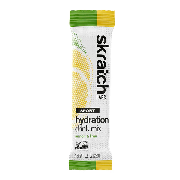 Skratch Labs Sport Hydration drink mix packet for lemon & lime flavor on a white background
