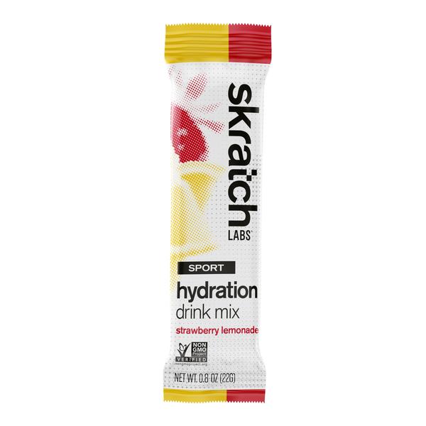 Skratch Labs Sport Hydration Drink Mix packet for strawberry lemonade flavor on a white background