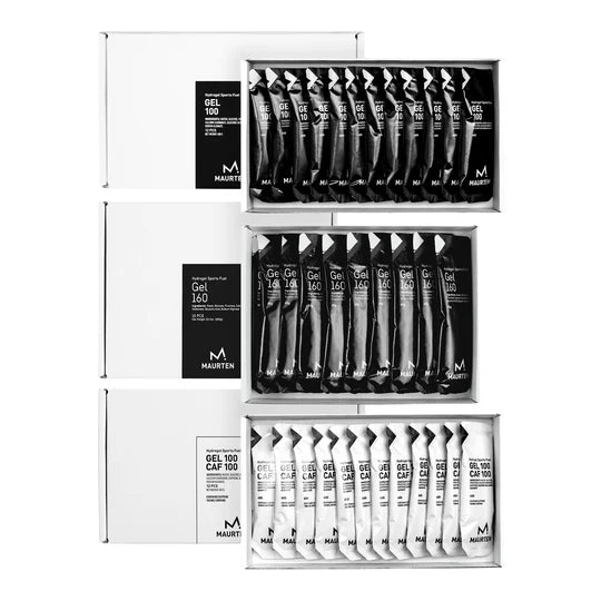 Collection of Maurten sports nutrition packages on a white background